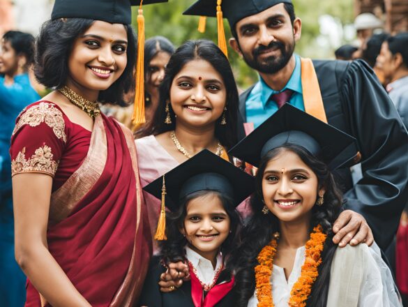 Indian girl in graduation pass out cermony with family taking picture having Education Loan